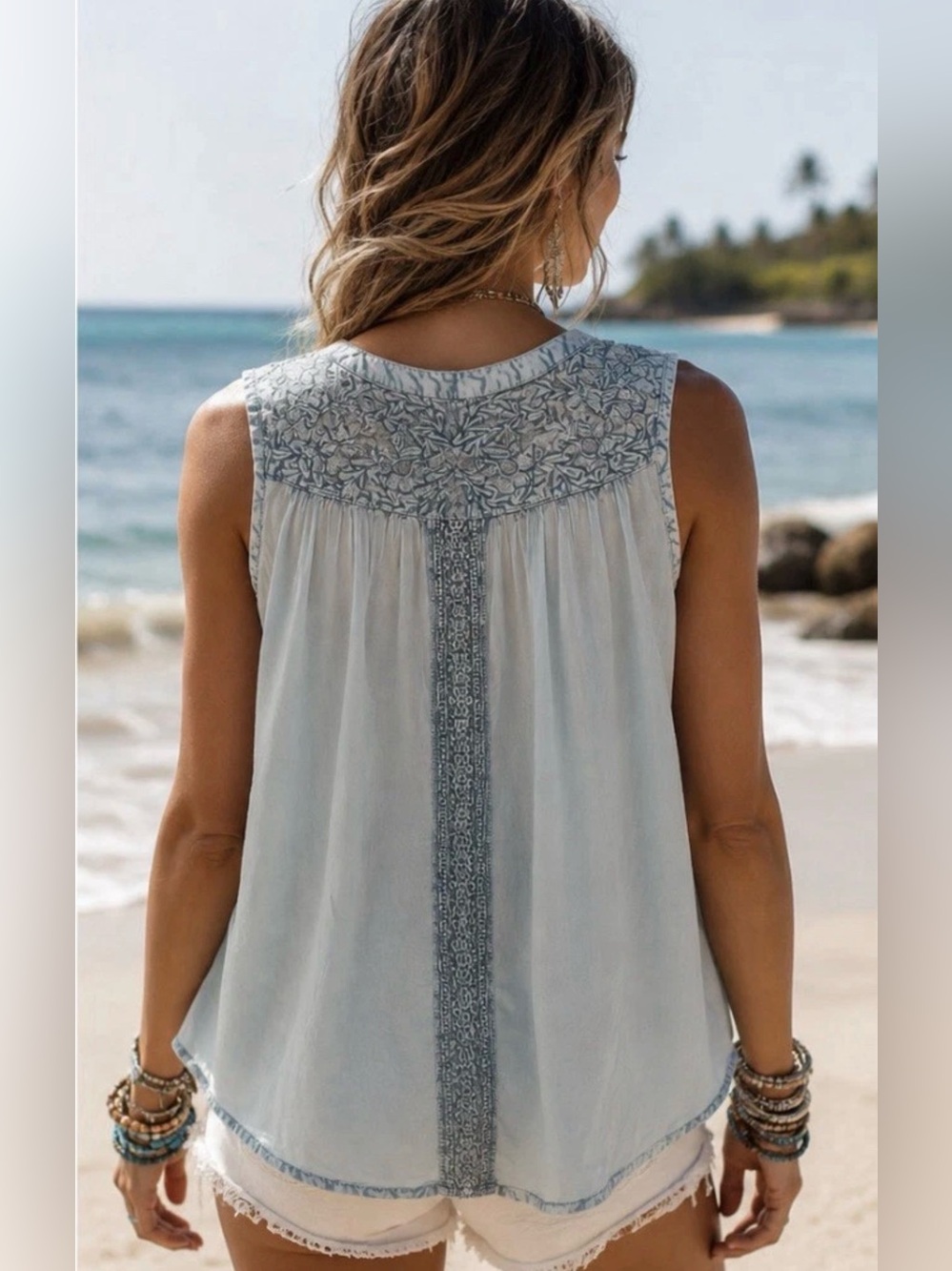 H116 New POL L ptp 25 Light Blue Layered Lace Sleeveless Top - Picture 2 of 11